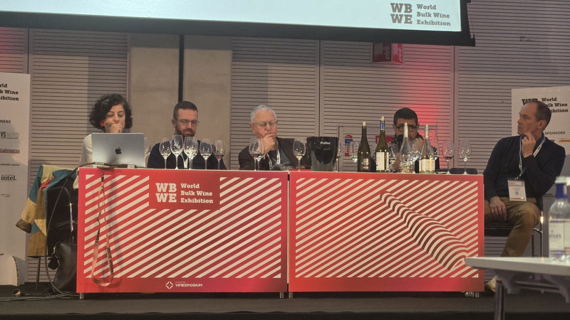 The no and low alcohol masterclass panel seated at the red WBWE-branded table with glasses and bottles in front, at the World Bulk Wine Exhibition in RAI Amsterdam, November 2025.