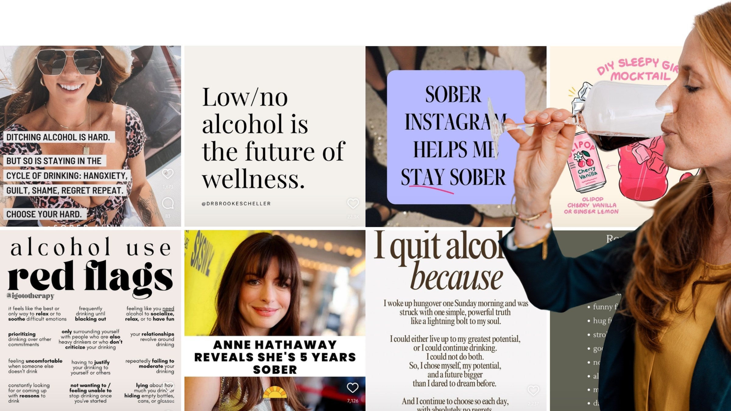 A moodboard collage of the sober-curious movement across social media, with quote cards, an alcohol red-flags infographic and a news still about a celebrity five years sober. All rights reserved to the individual accounts these images were copied from.