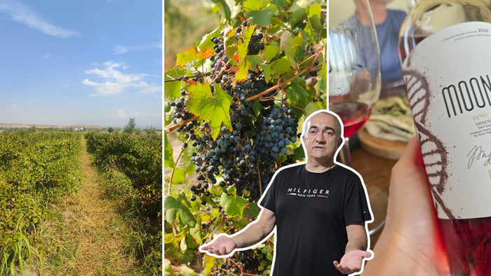 Winemaker Tevan Poghosyan of Moonq Wines among his vines with a glass, a bottle of Moonq Nrneni rosé and dark Nrneni grapes, near Yerevan, Armenia