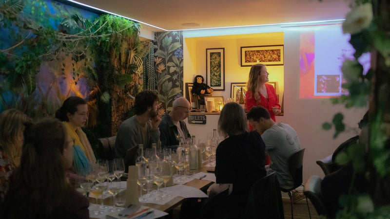 Amanda Barnes MW opening the Top 10 Uruguay masterclass in London, thirty Uruguayan wines laid out along the tasting table in front of a room of UK buyers. Image: Amanda Barnes MW - South America Wine Guide.