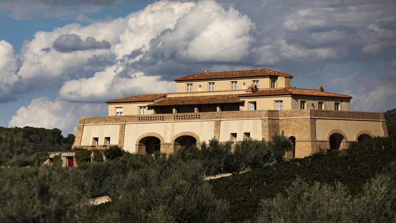 Tenuta Argentiera's winery built low into the Bolgheri hillside under a wide coastal sky. Image: Courtesy of Tenuta Argentiera, photo Moggi.