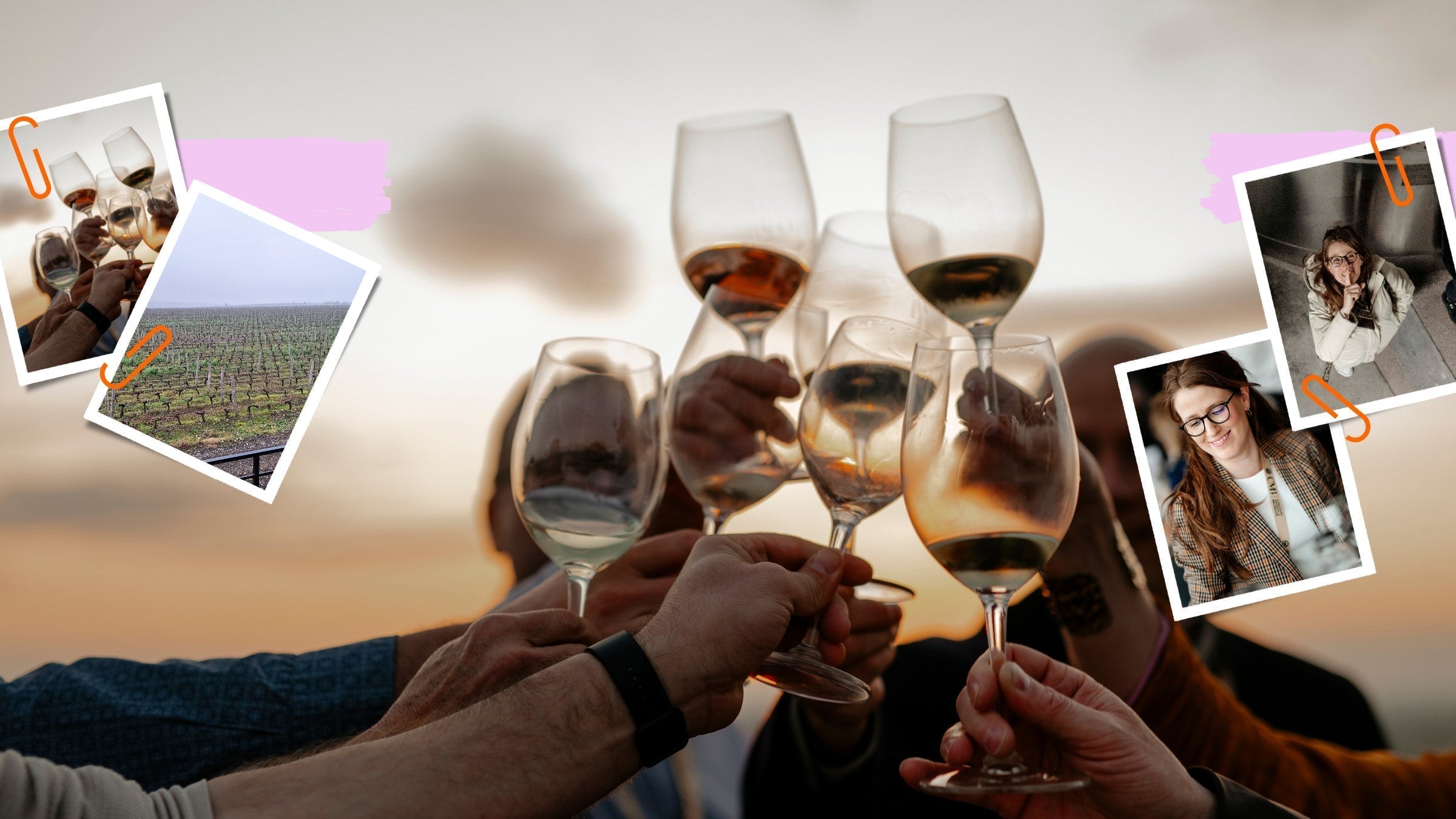 Hands raising rosé wine glasses at a Romanian tasting, hero image for the Wine with Margot Romanian wine guide.