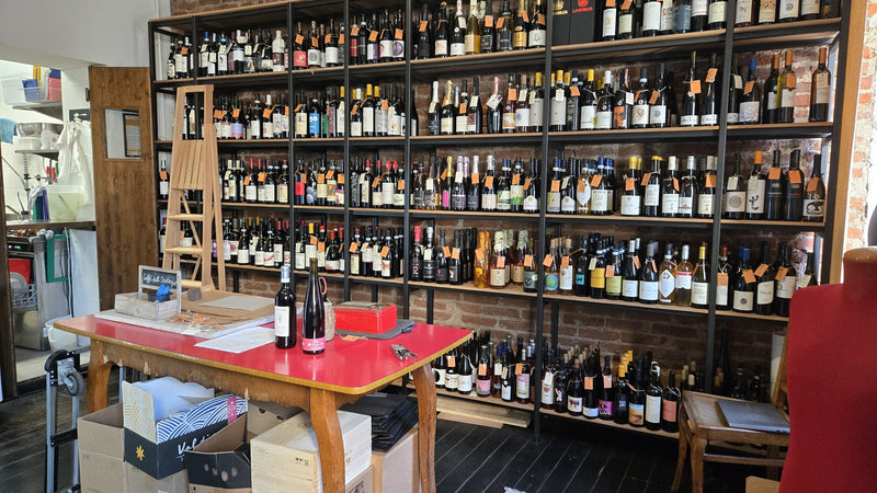 The natural-wine shop at Caffe dell'Orologio in San Salvario, Turin, shelves of low-intervention Piemonte bottles, the other side of the region