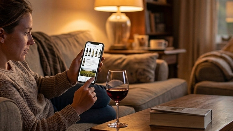 A person at home scrolling near-identical winery websites on a phone with a glass of red nearby, the sea-of-sameness problem that hurts wine SEO
