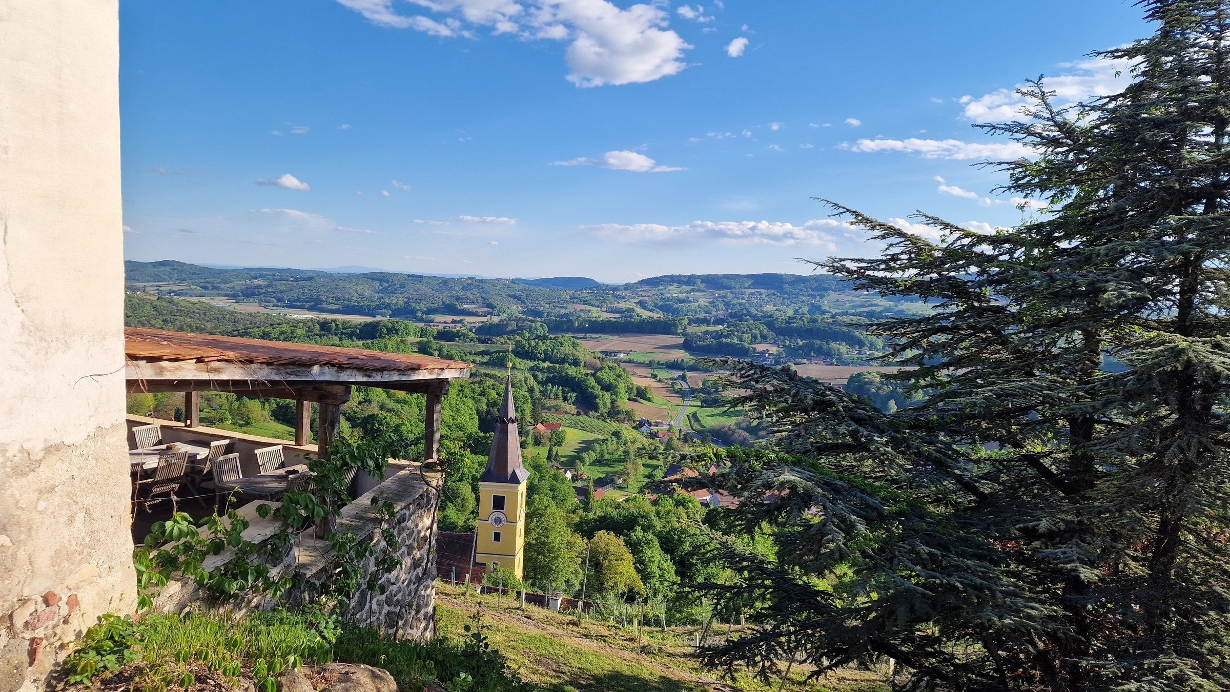 View over the valley from Schloss Kapfenstein in Vulkanland Steiermark, Austria's volcanic wine region.