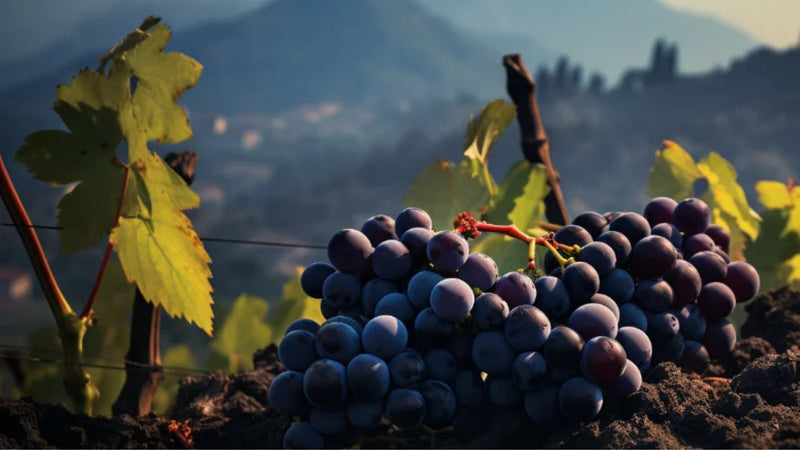 Dark Nerello Mascalese grape bunches resting on black volcanic soil with vine leaves and the hazy slopes of Mount Etna behind
