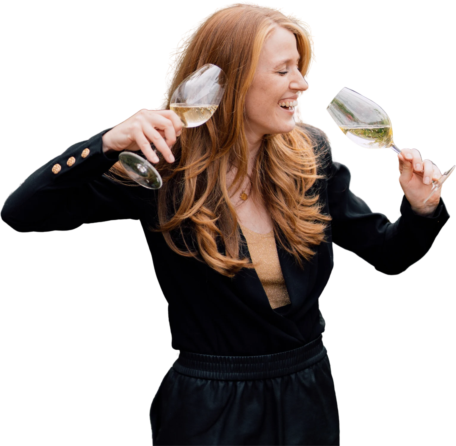 Margot van Lieshout laughing while tilting two glasses of white wine